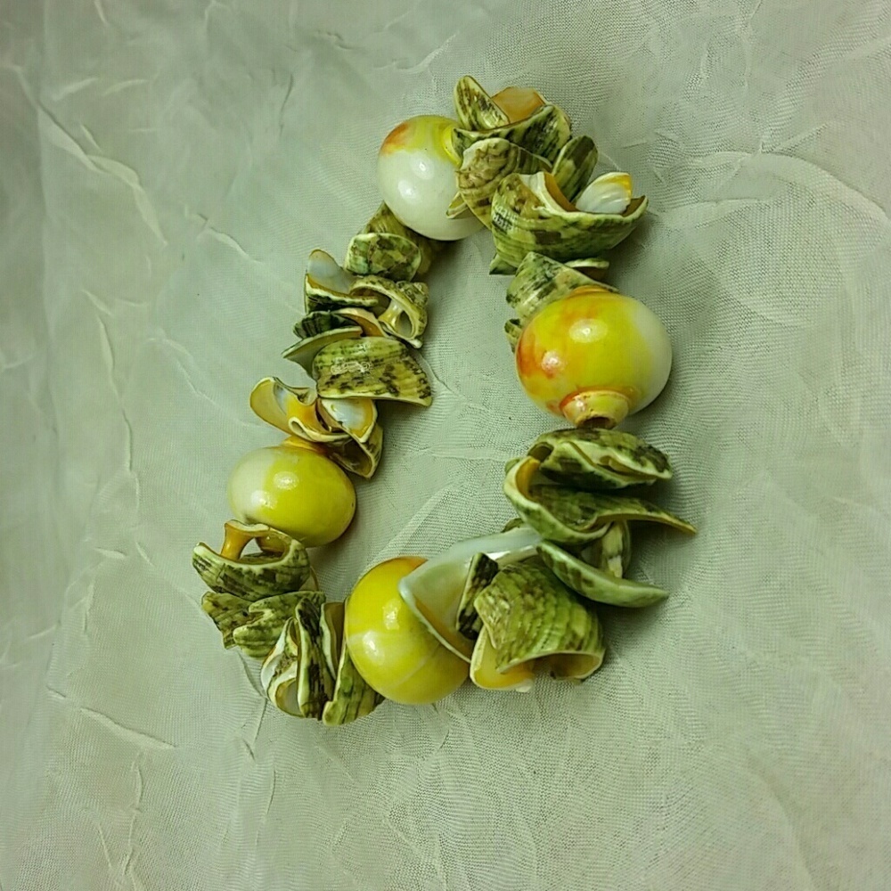 Beachy Glass Bead Shell Bracelet Orange Yellow Green Chartreuse Stretch Boho
